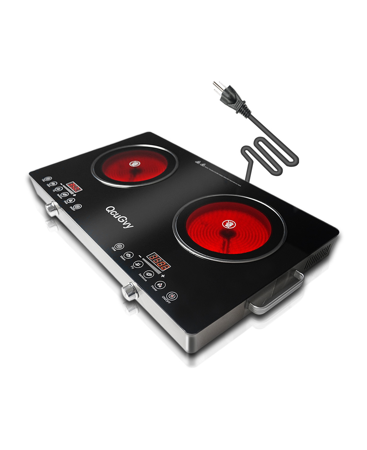 Black double-zone countertop electric cooktop with silver controls