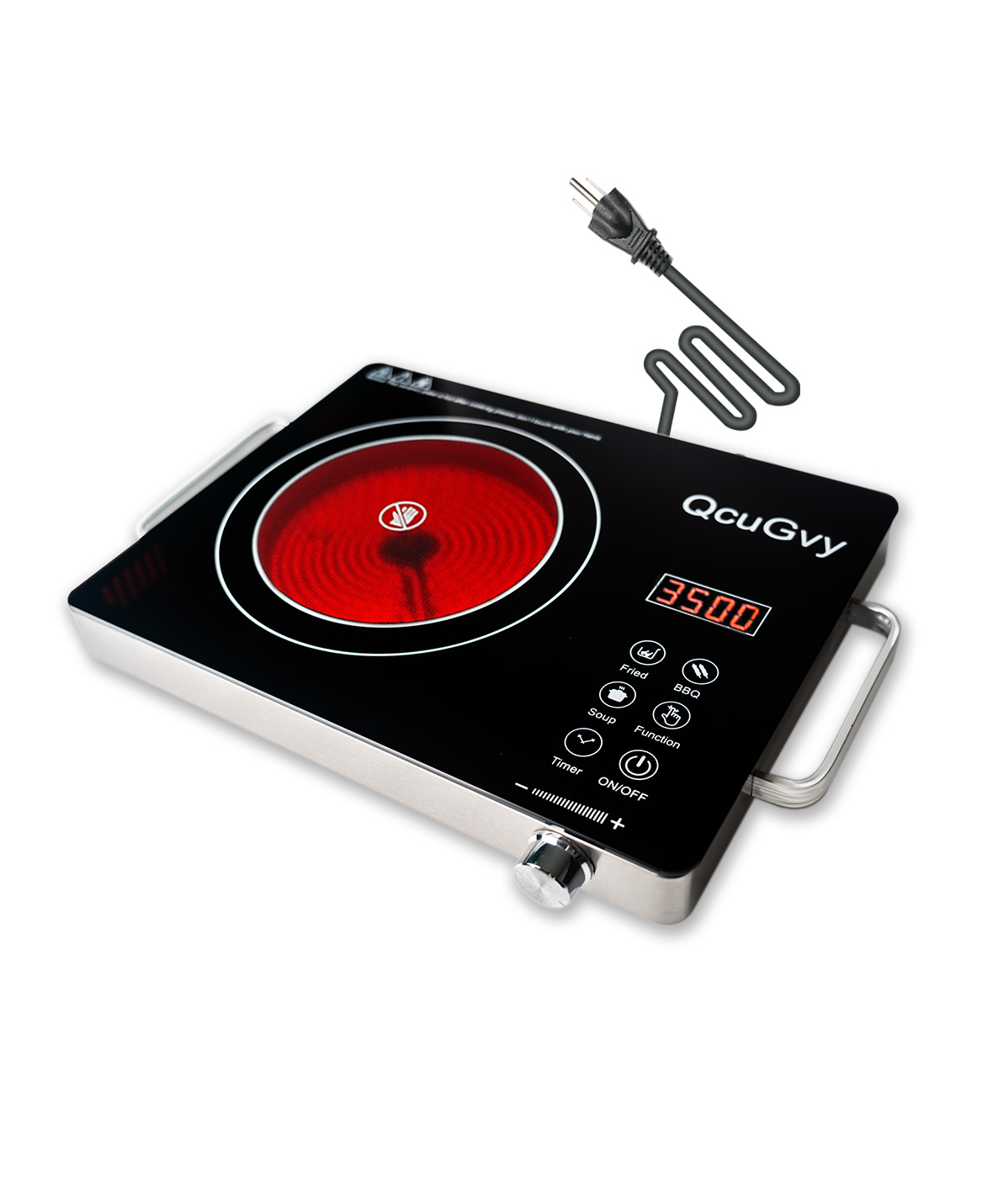 Single-zone electric cooktop with a glass surface and silver control knob
