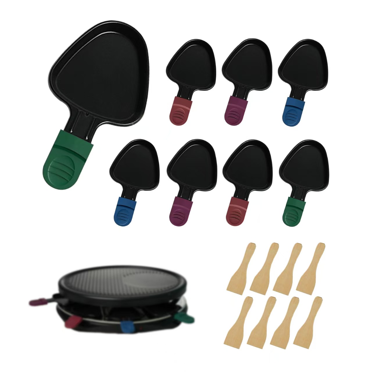 Small pans with colored handles and wooden spatulas