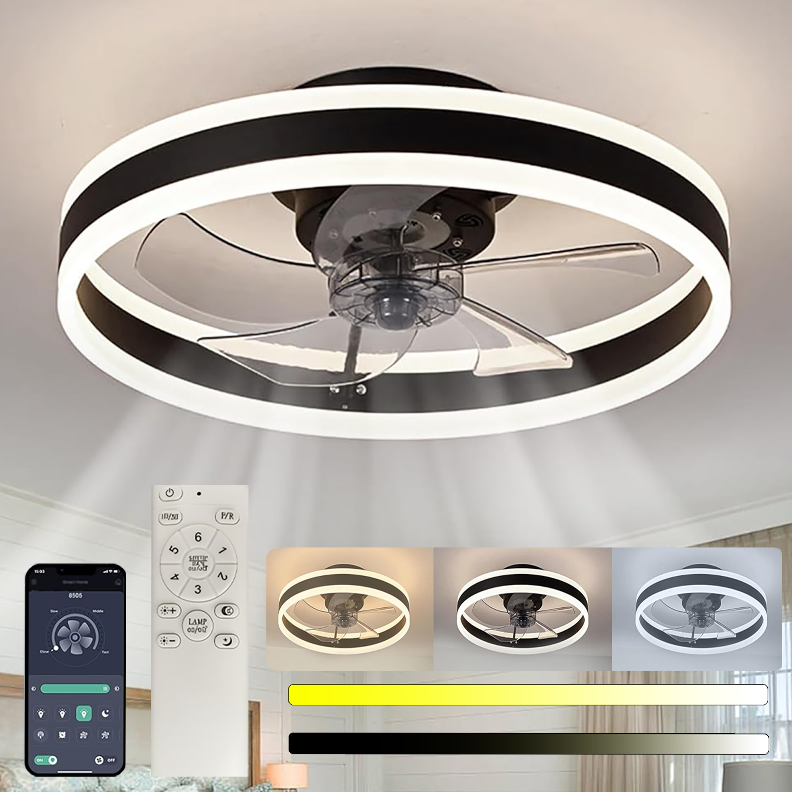 Black circular ceiling fan light with transparent blades and control illustrations