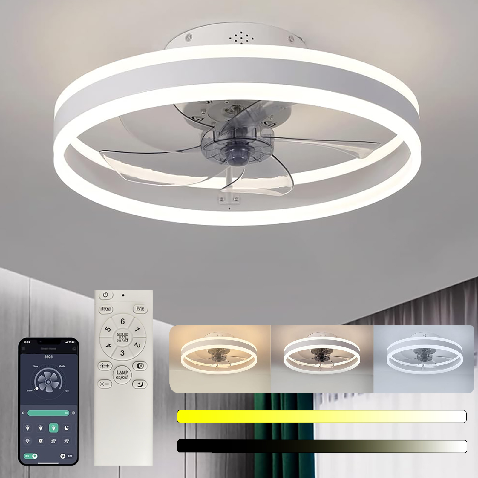 White circular ceiling fan light with transparent blades and control illustrations